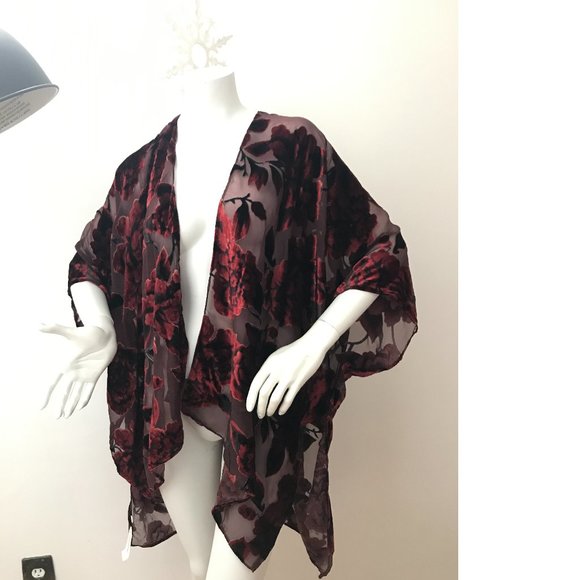 Le Chateau Sheer Black Red Mesh Tullie Velvet Velour Cover-Up Scarf Wedding NWT - Picture 5 of 6